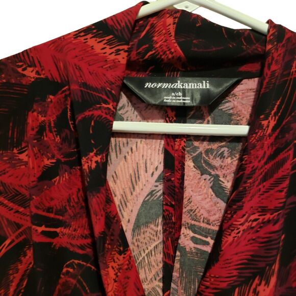 Norma Kamali Red Black Feather Print Size Small Faux Wrap Side Ruched Dress - Picture 4 of 9